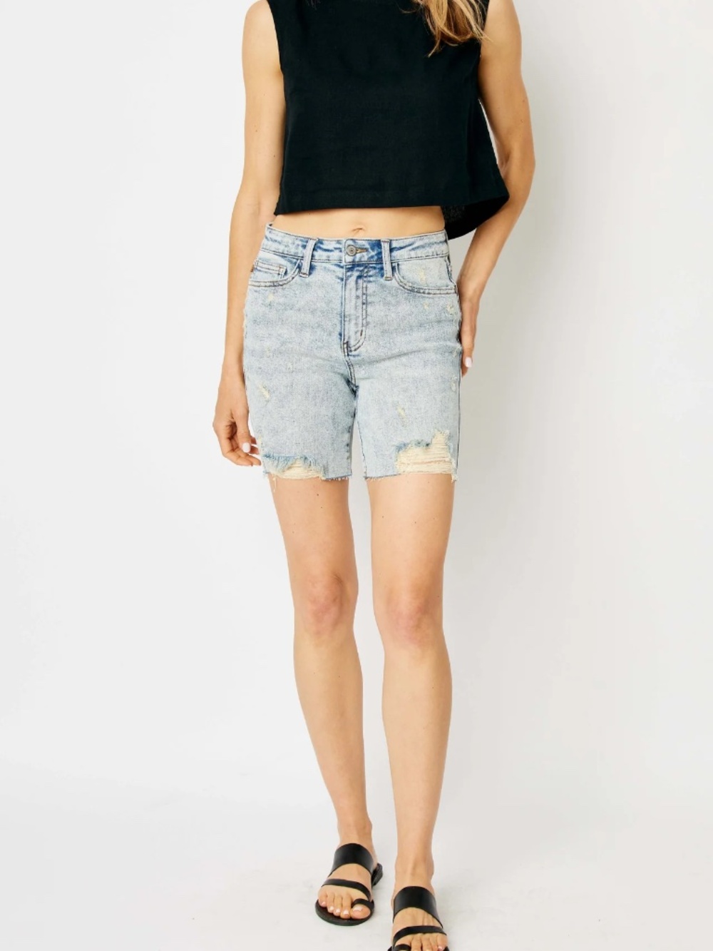 JUDY BLUE HIGH WAIST MINERAL WASH DESTROYED BOYFRIEND SHORTS